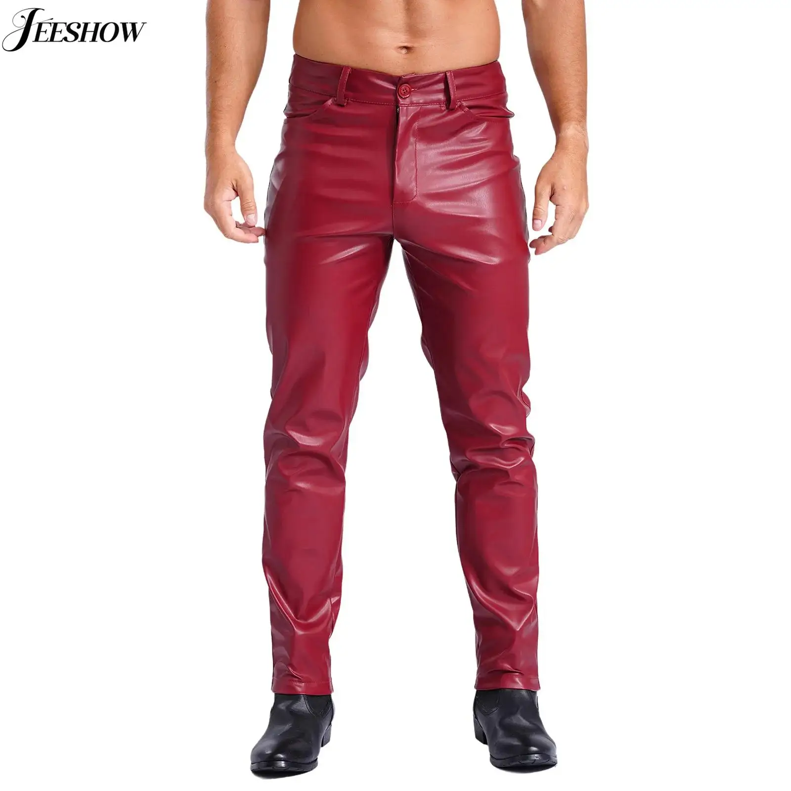 Mens Faux Leather Pants Flat Front Casual Straight Leg Trousers Motorcycle Biker Skinny Pants Rock Music Party Trousers Clubwear