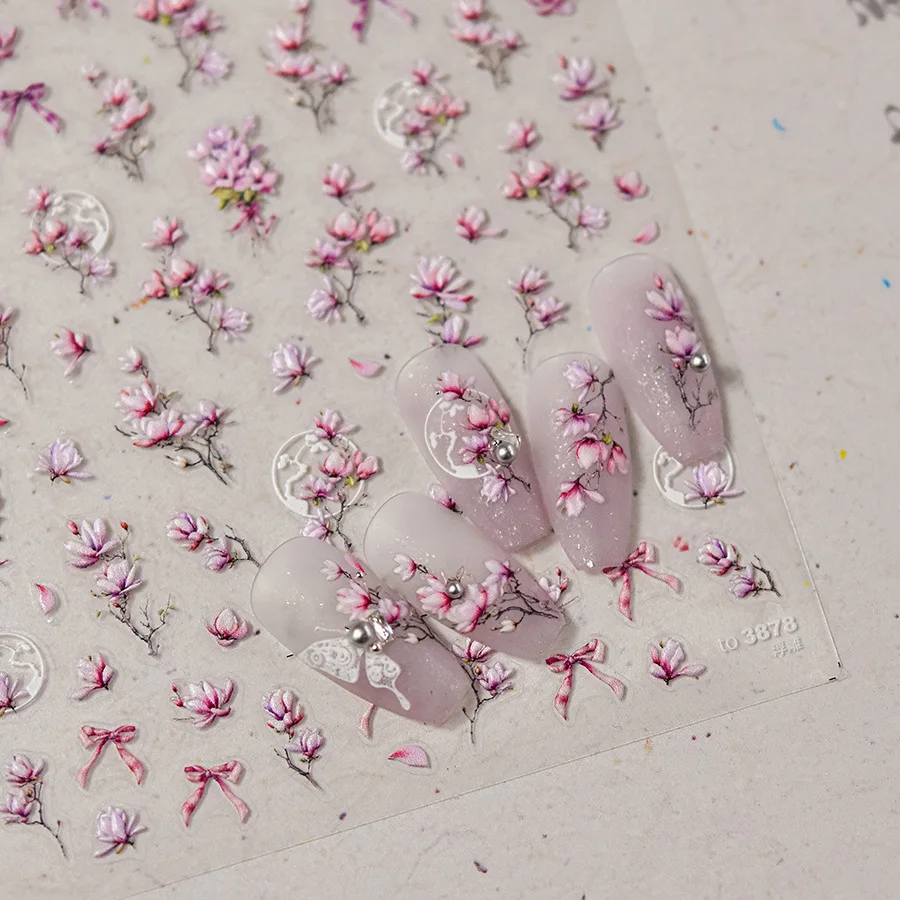 Elegant White Magnolia Nail Art Stickers Natural Green Leaf And Flower Self-adhesive Nail Stickers For DIY Manicure Decoration