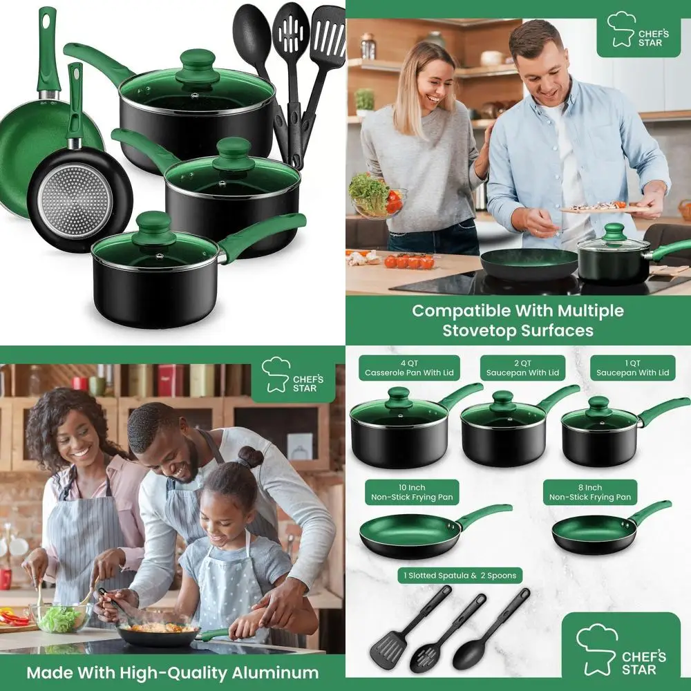 

Green 11-Piece Nonstick Aluminum Cookware Set: Essential Kitchen Pans and Pots