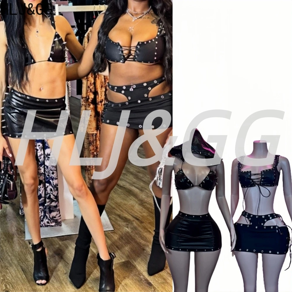 

HLJ&GG Black Sexy Hollow Bandage Two Piece Sets Women Spaghetti Strap Slim Tank Top+Mini Skirts Outfits Fashion Punk Streetwear