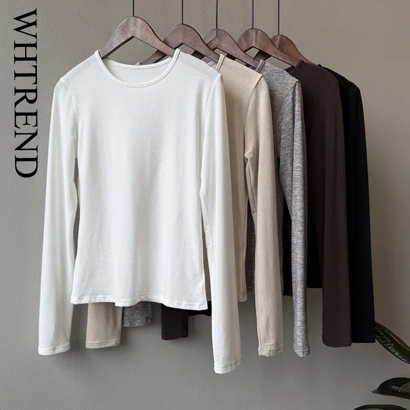 WHTREND الكورية نمط الجولة الرقبة بلون تي شيرت للنساء الخريف البلوز سليم صالح بسيط كم طويل قاعدة قميص WH2016 #1