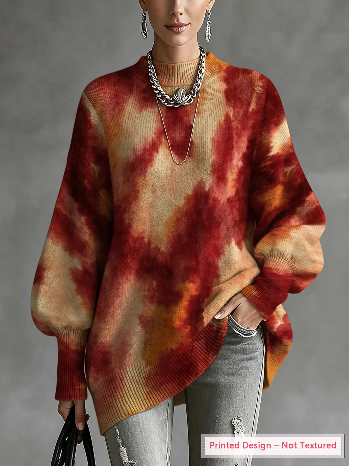 Artistic Smudged Print, Women's Thin Top for Autumn and Winter, Diagonal Hem, Lantern Sleeves, Skin-Friendly Fabric