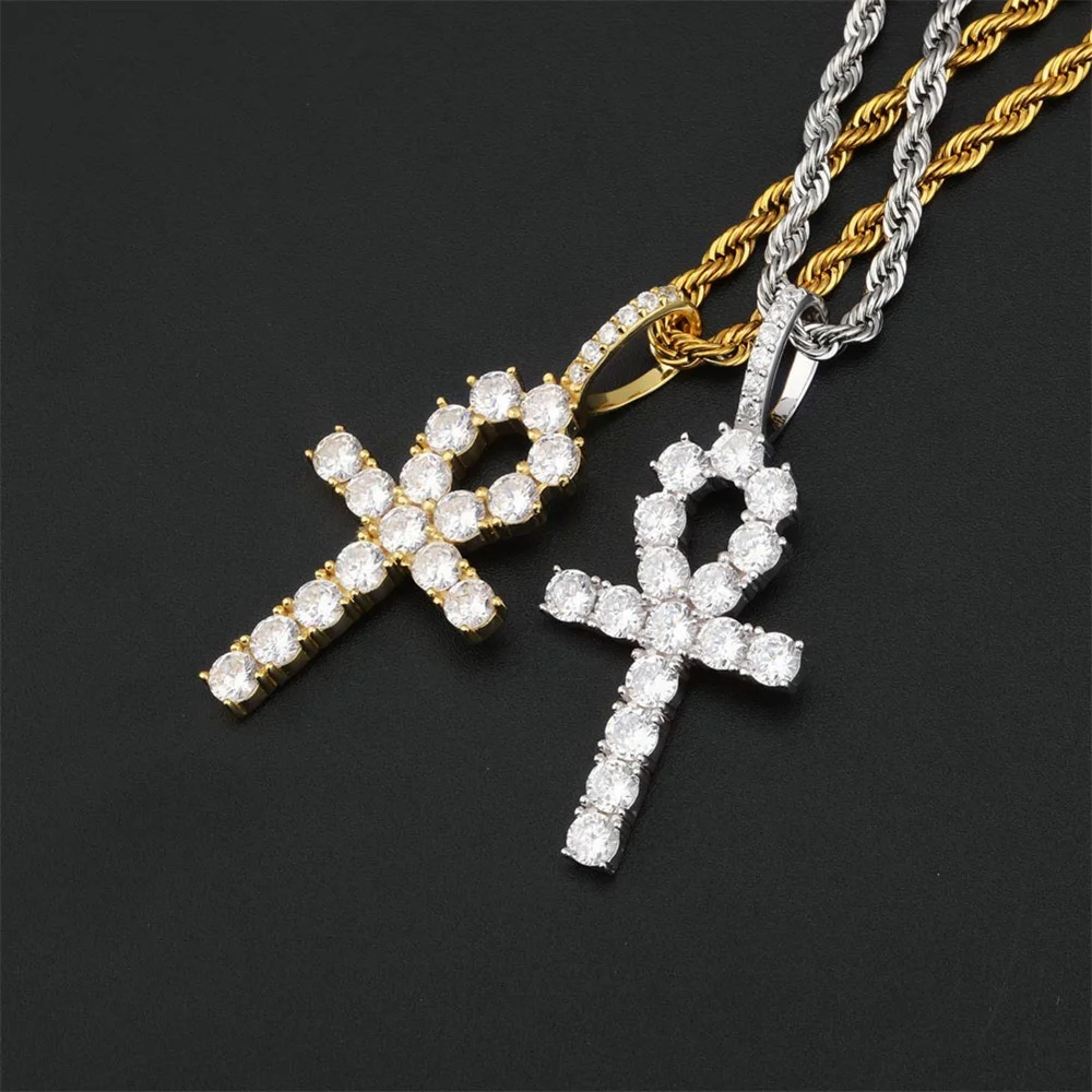 

Solid S925 Silver Ankh Key Pendant Necklace Women's Full Zircon Hip-Hop Cross Fashion Accessory