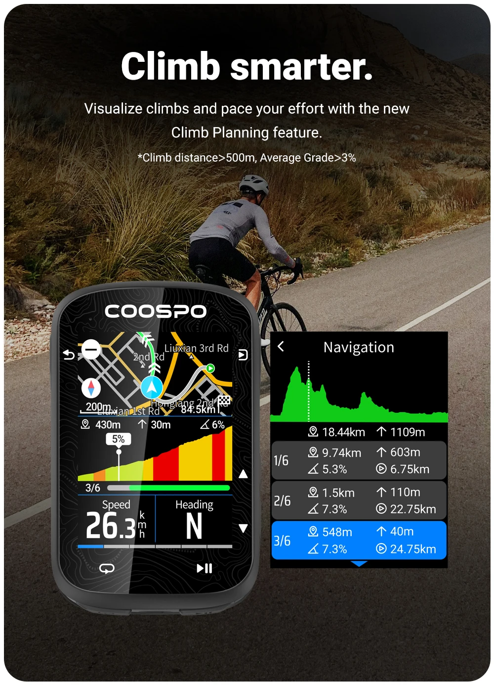 COOSPO CS600 Bunte Karte Touchscreen Fahrradcomputer GPS-Navigation Drahtloser Fahrradcomputer Indoor-Training Kilometerzähler – Detail 3