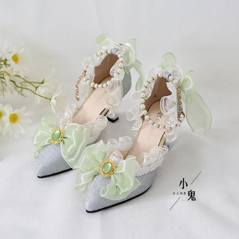 Słodkie buty ślubne w stylu Lolita dla kobiet, japońskie dziewczęce, z falbankami, kokardą, koronką, na wysokim obcasie, z perłowym łańcuszkiem, księżniczka.