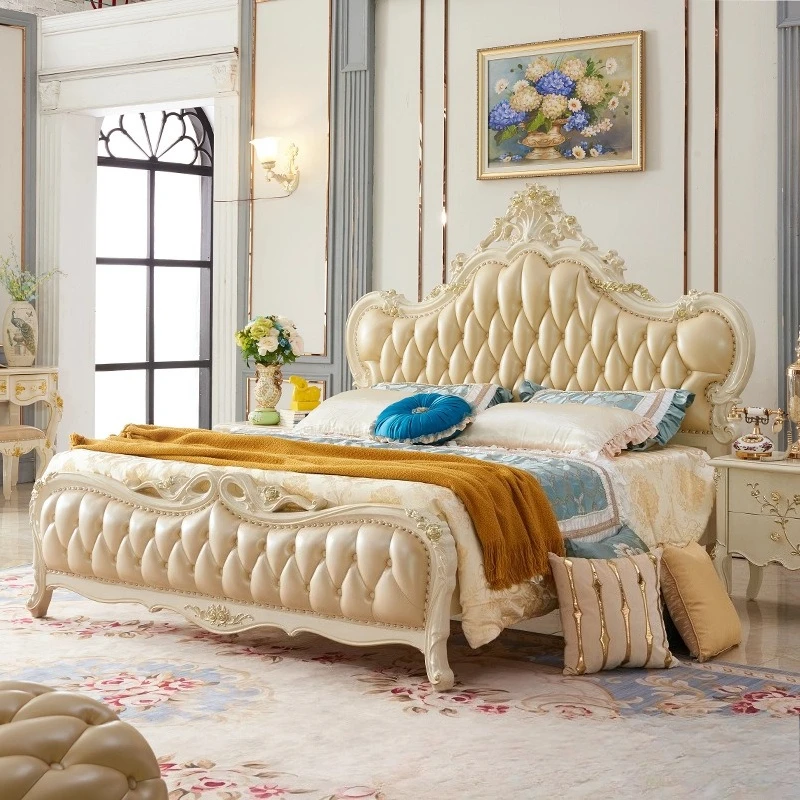 Europäisches Luxus-Lederbett, Prinzessinnen-Doppelbett aus Massivholz, Hauptschlafzimmer 1,8 Meter 2,2 Meter breit