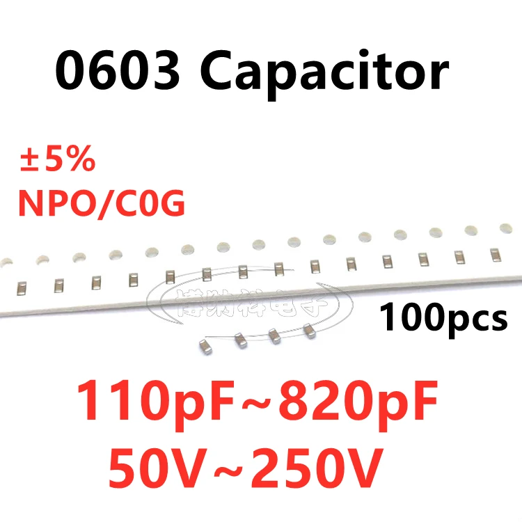 

100pcs 0603 SMD Capacitor 110/120/130/150/160/180/200/220/240/270/300/330/360/390/430/470/510/560/620/680/750/820PF 5% NPO C0G