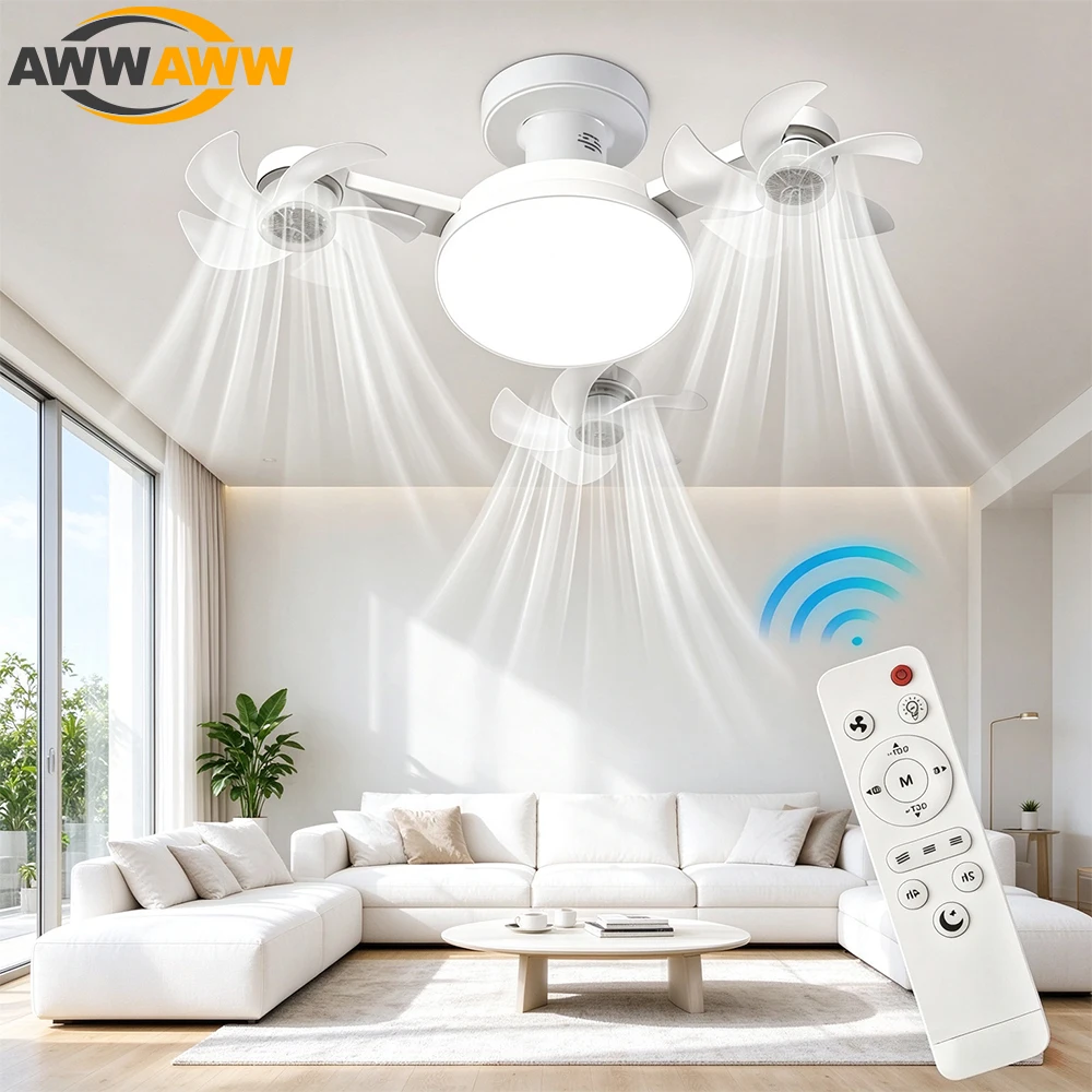 Home 3/4 Head Ceiling Fan Light with Remote Control, Small Ceiling Fan, Dimmable Lighting, Eye Protection Quite Timing Operation