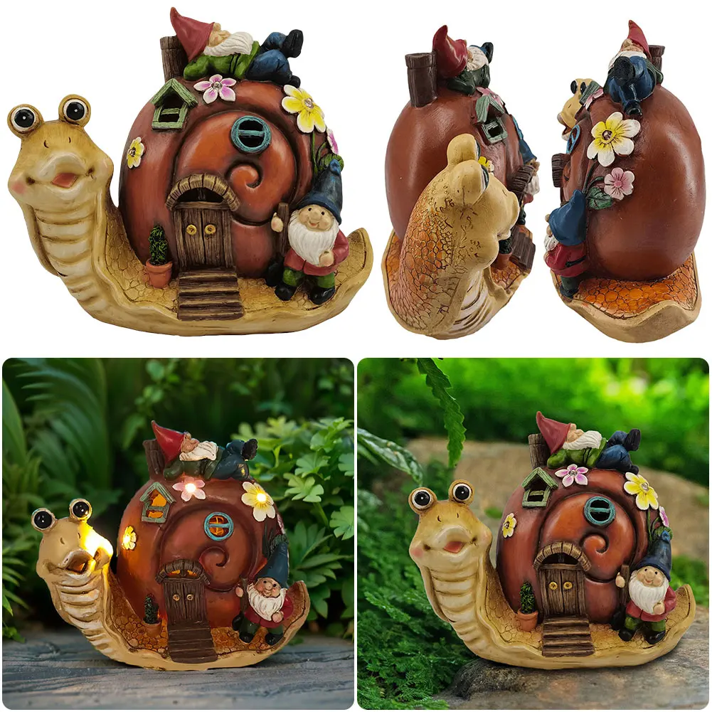 Cute Snail Gnome Resin Garden Statue with Solar Powered Light Garden Gnome Statues Garden Sculptures for Patio Yard Lawn Porch