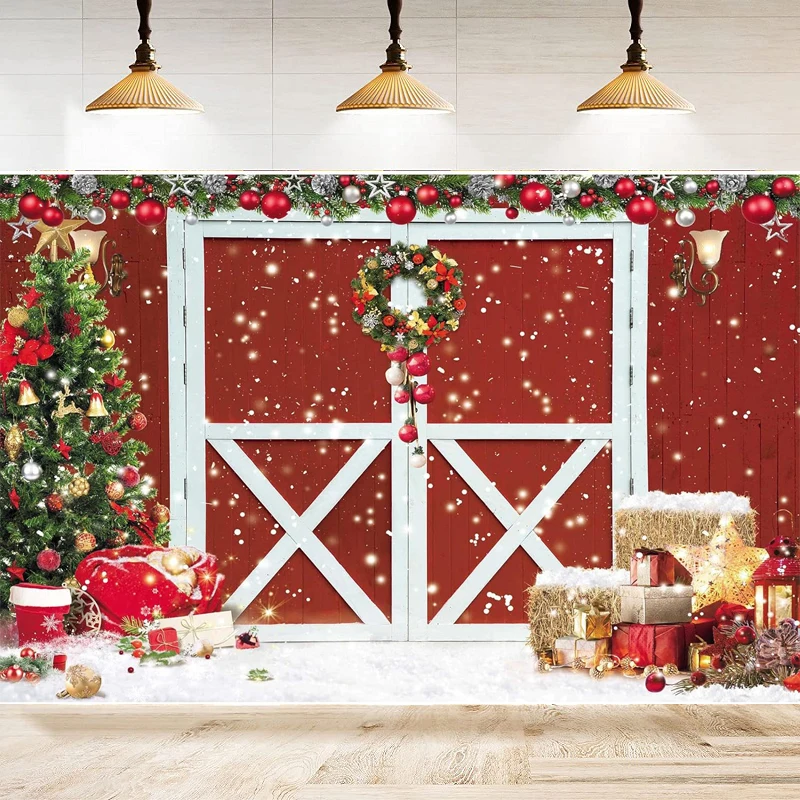 Christmas Barn Door Photography Backdrop Red Rustic Wooden Texture Board Background Merry Xmas Home Party Backdrop Wall Banner