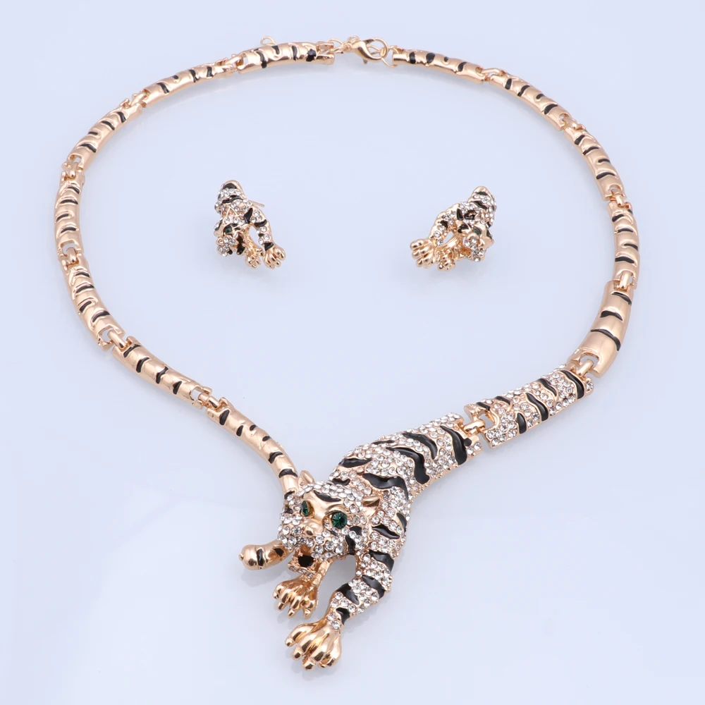 Leopard Panther Animal Jewelry Set Enamel Crystal Rhinestone Gold Color Necklace Earrings Set For Women Party Jewelry