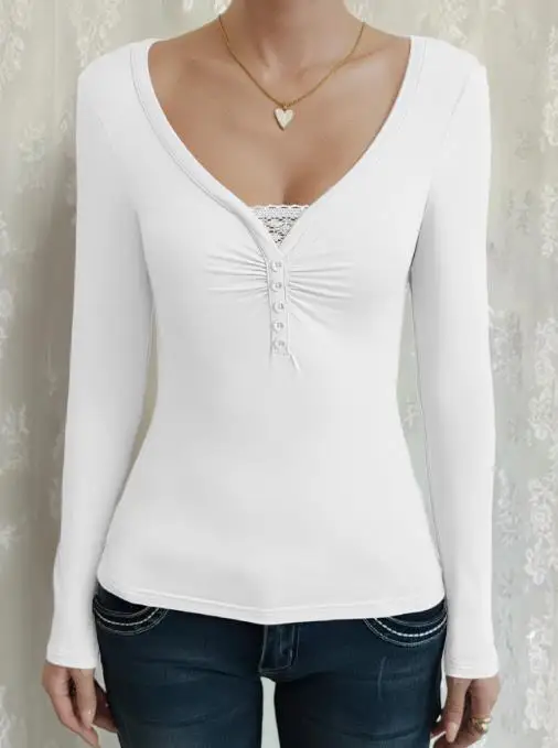 

2026 Spring/Summer New Women's Fashion Casual Commuting Design Splicing Lace Long Sleeve Top Women's Wear