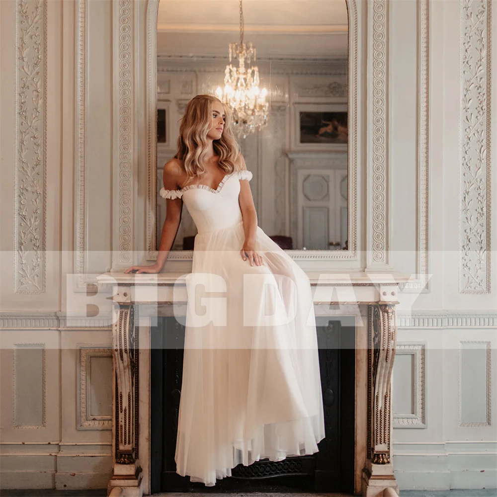 فساتين زفاف مطوي من التل على شكل حرف a 2025 على شكل قلب عاري الكتفين مفتوح الظهر فستان زفاف Vestidos De Noiva مخصص