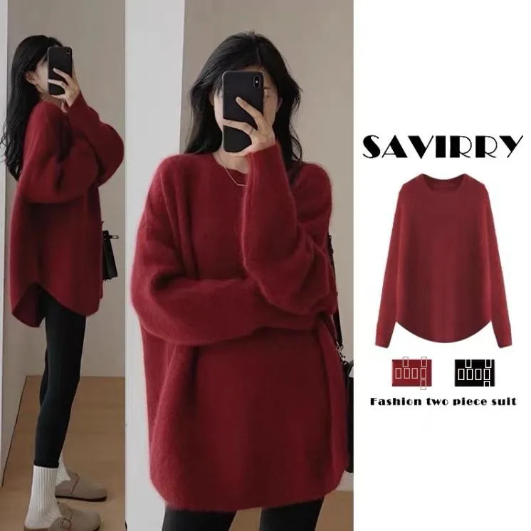 

Красный вязаный свитер, женский осенне-зимний свободный повседневный свитер с надписью для похудения, модная корейская версия, маленький размер, ленивый тренд