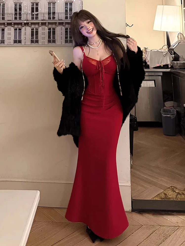 REDDACHiC vrouwen Uitgebeend Cinched Jurk Rode Stitch Kant Corset Spaghetti Band Bodycon Maxi Lange Jurk Party Sexy Zomer kleding