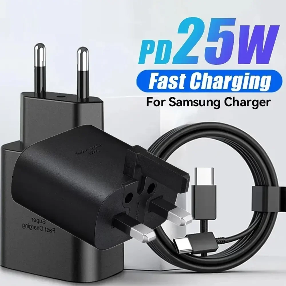 EU UK US 25W Super Fast Charger USB C Chargers For Samsung S23 Ultra S22 Note 20 S24 HTC LG Type C Power Adapters With Cable