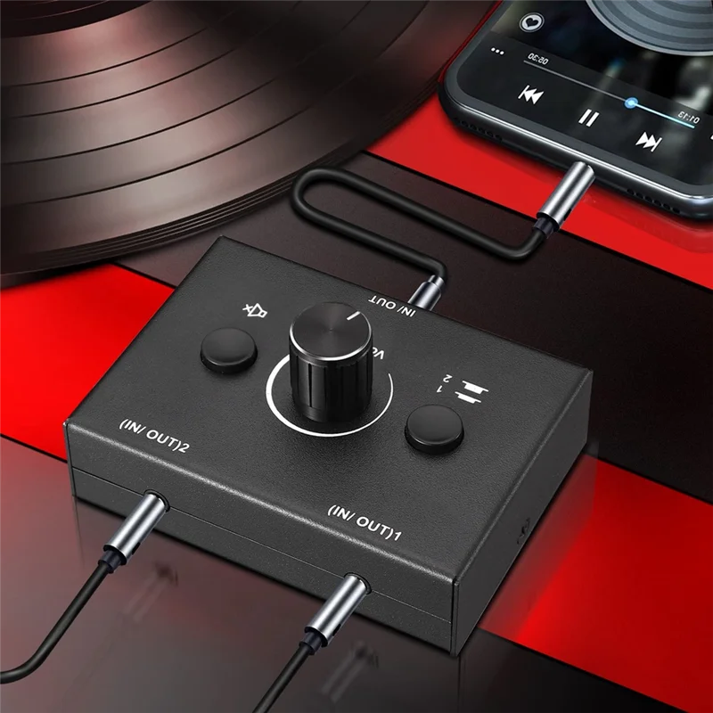 Commutatore audio da 3,5 mm, commutatore splitter audio a 2 ingressi 1 uscita/1 ingresso 2 uscite, scatola commutatore audio, pulsante di disattivazione audio con una chiave HY