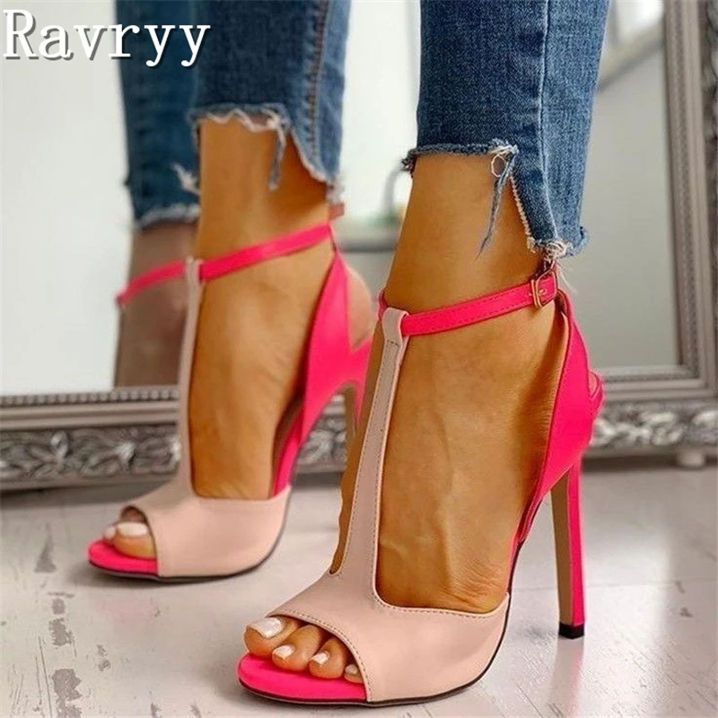 Women Peep Toe T-Strap High Heel Sandals Nude Hot Pink Color Blocking Ankle Buckle High Heels Summer Evening Party Dress Shoes