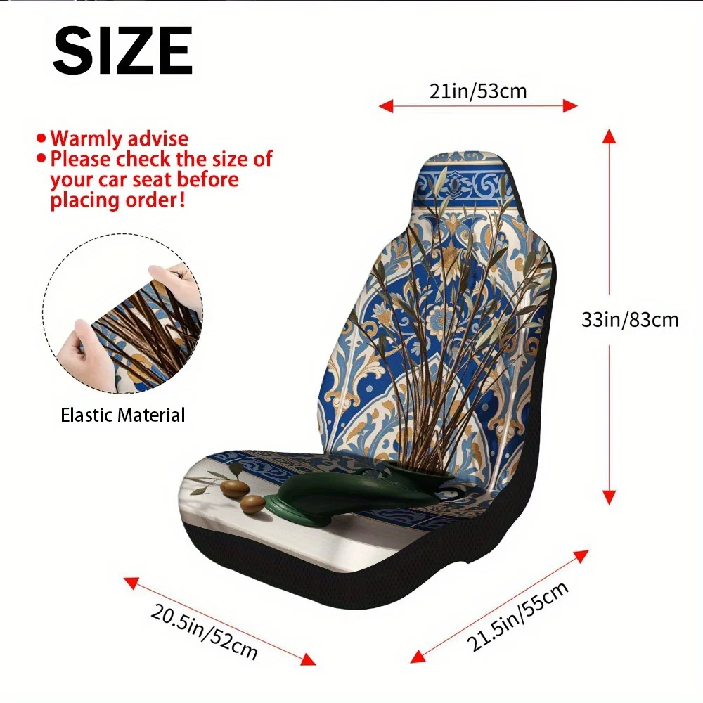 2pcs Olive Vase Floral Tiles Art Print Car Seat Covers | Durable Polyester Fabric, Universal Fit For Cars, SUVs, Trucks, Machine