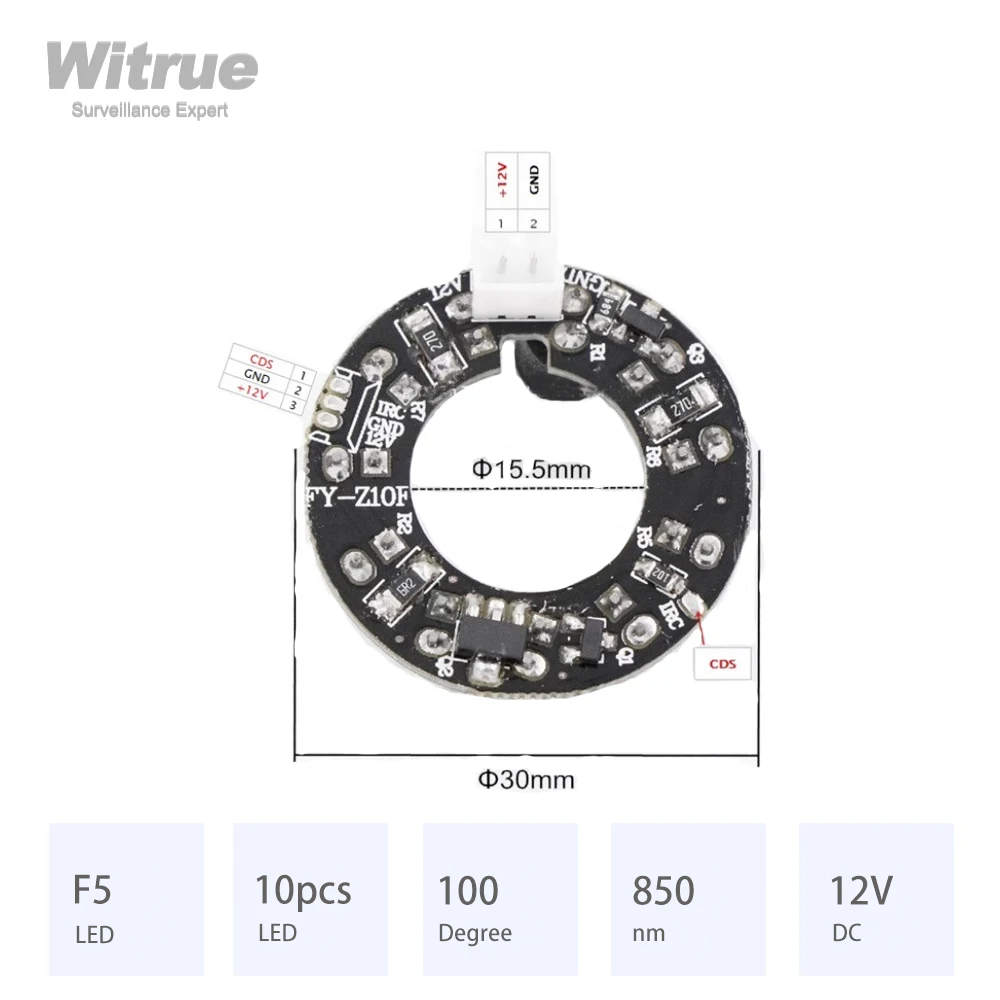 Witrue IR-LED-Platine, 10 Grain, 50 nm, 100 Grad Durchmesser, 30 mm, DC 12 V, 0,09 A, 1 W, CCTV-Zubehör für 2,8 mm 3,6 mm 4 mm Objektiv – Detail 3