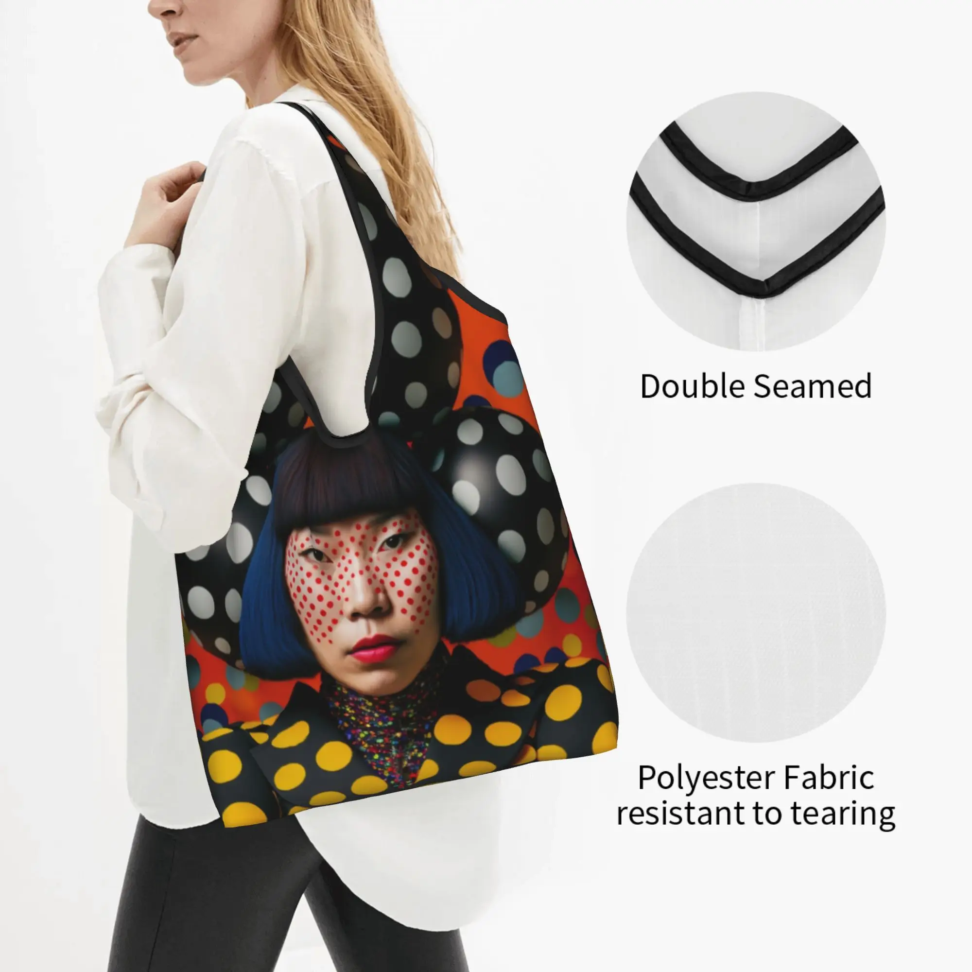Yayoi Kusama Abstract Art Grocery Shopping Bag Cute Shopper Shoulder Tote Bag Big Capacity Portable Polka  Handbag