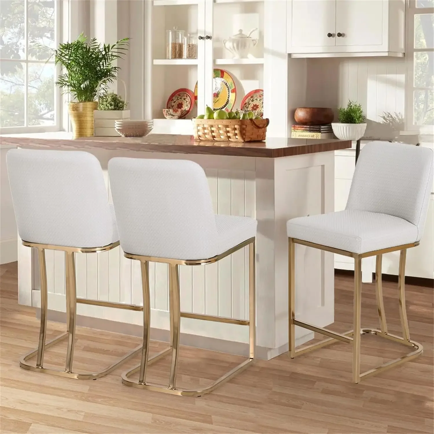 Bar Stools Set of 3, Counter Height Bar Stools for Kitchen Island,Creamy White & Gold Bar Stools with Back