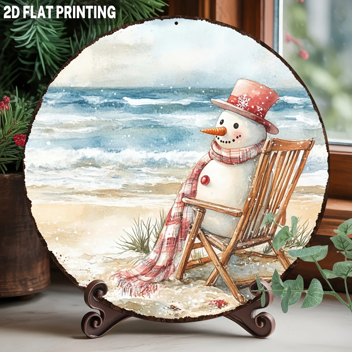 2D Flat, 1pc Vintage Snowman on Beach Holiday Round Metal Sign - 8-Inch Aluminum Wall Art Suitable for Coastal House, Summer Vac