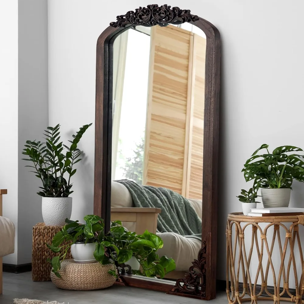 Arched Full Length Mirror Vintage Carved Mirror Solid Wood Frame Wall Mirror for Home Decor Bathroom Entryways Living Rooms