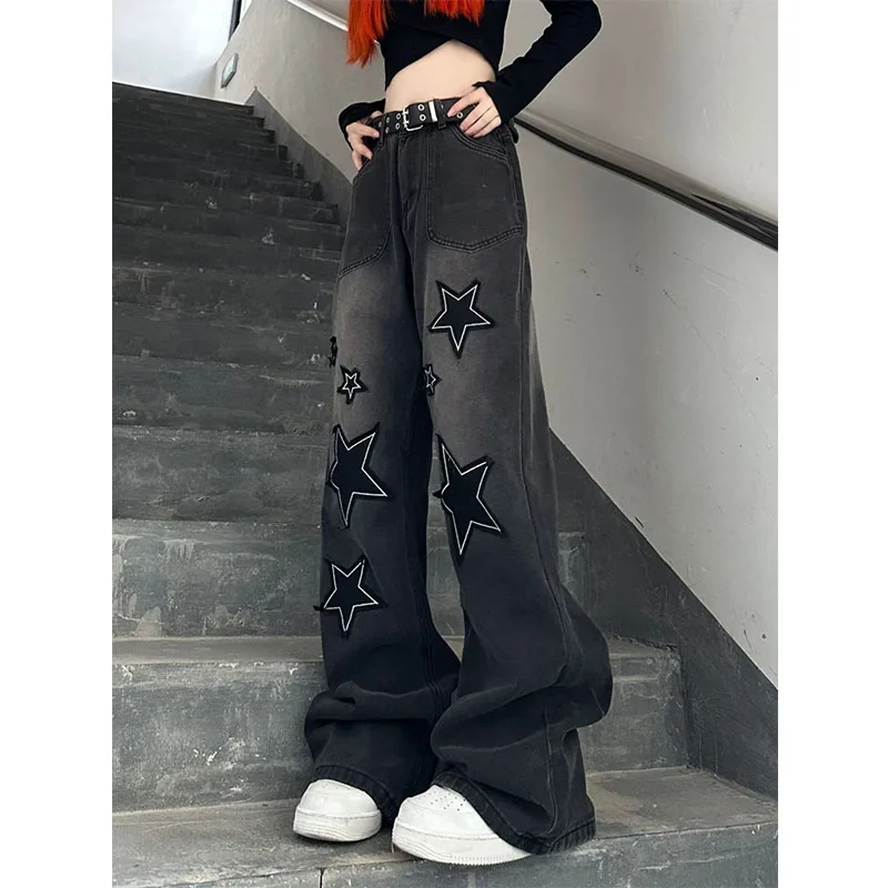 Hip Hop Vintage Women Gradient Wide Leg Jeans Star Embroidery Spring Autumn New Streetwear Fashion High Waist Loose Trousers