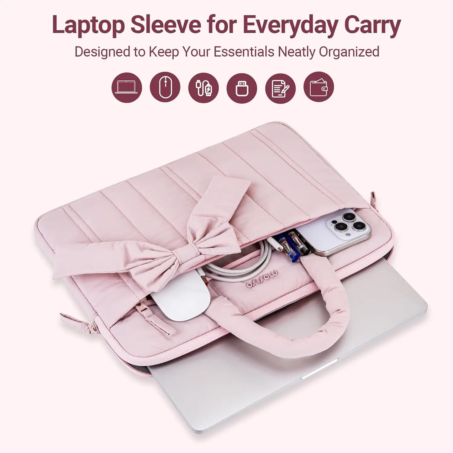 MOSISO 13-13.3 Inch Puffy Laptop Sleeve Pink Quilted Bag with Bow Handle for MacBook Air Pro 13 14 HP Dell ASUS Lenovo