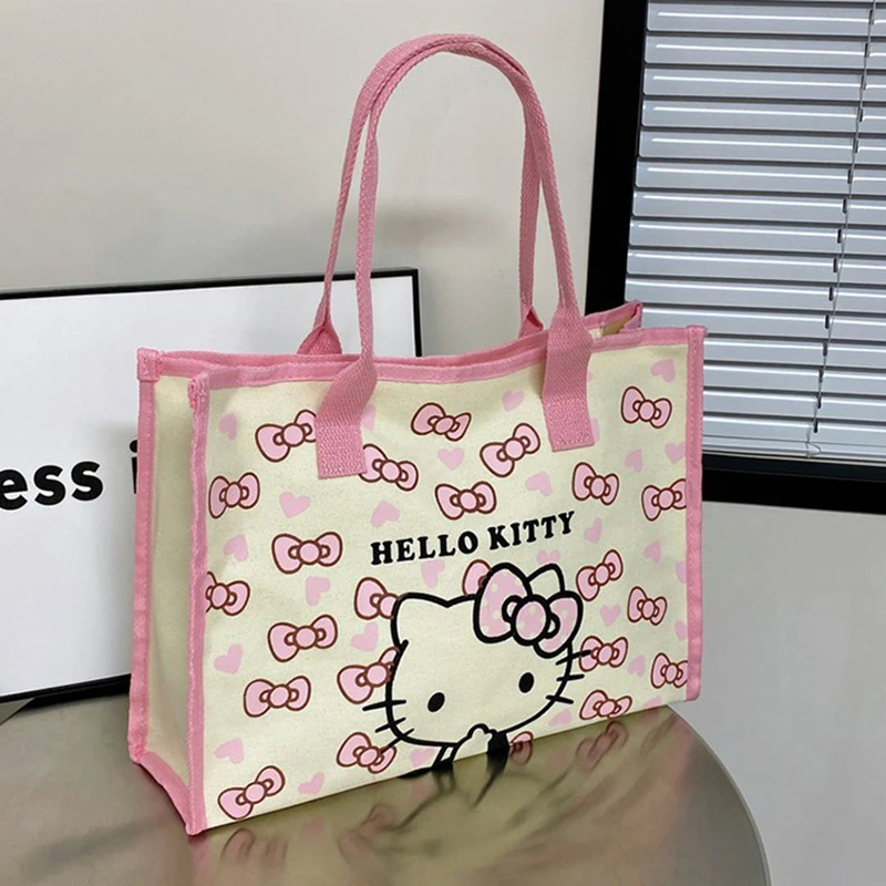 1PCS Large Capacity Hello Kitty All Match Canvas Bag Women Commuter Shoulder Handbag Girl Student Cartoon Schoolbag