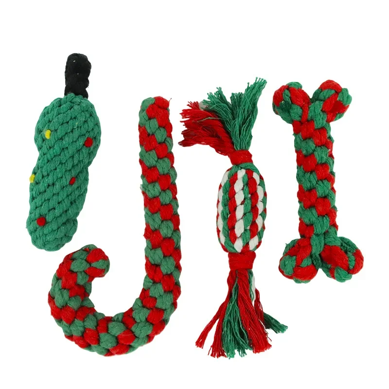 Christmas Dog Toys Braided Cotton Rope Candy Bones Pet Toy for Small Large Dog Bite Resistant Molar Teeth Cleaning Dog Chew Toys