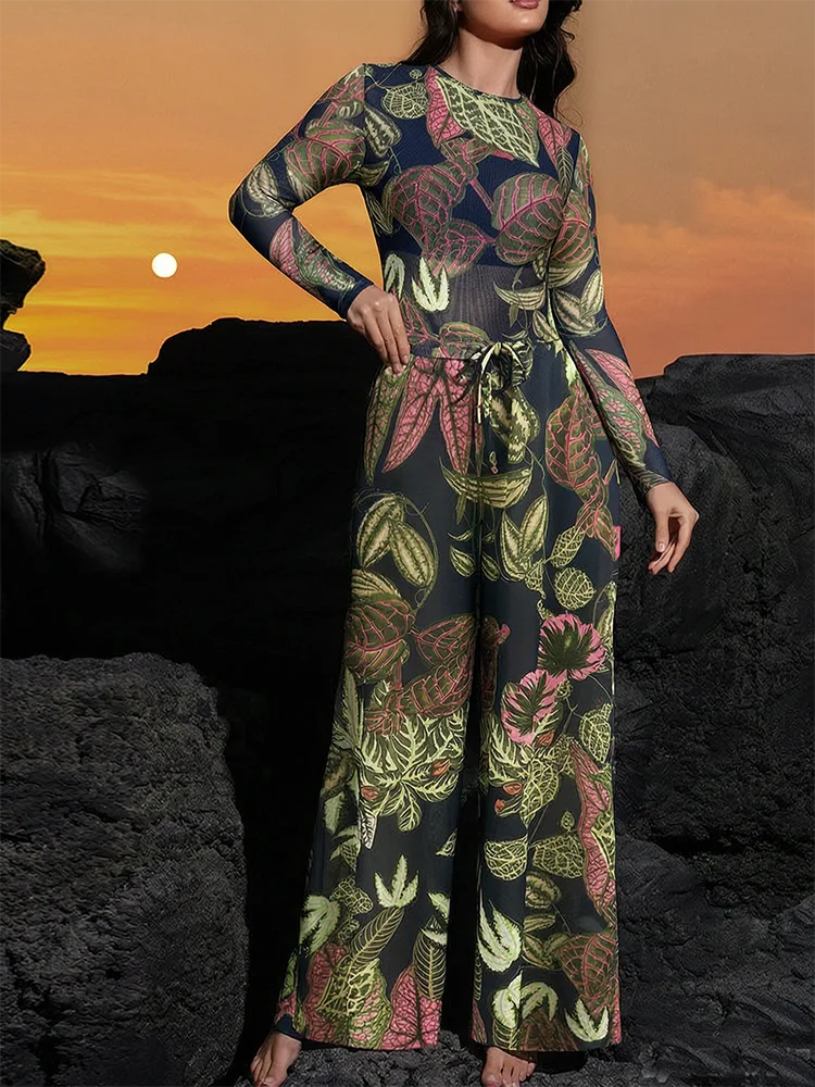Women Long Sleeve One Piece Swimsuit Tropical Leaf Print Rash Guard Sun Protection Bathing Suit Swimwear