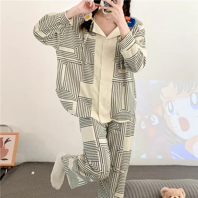 New Korean Women Homewear Peach Yellow Plaid Long-sleeved Long Pants Pajamas Women\'s Autumn Cute Milk Silk Pit Stripes Homewear