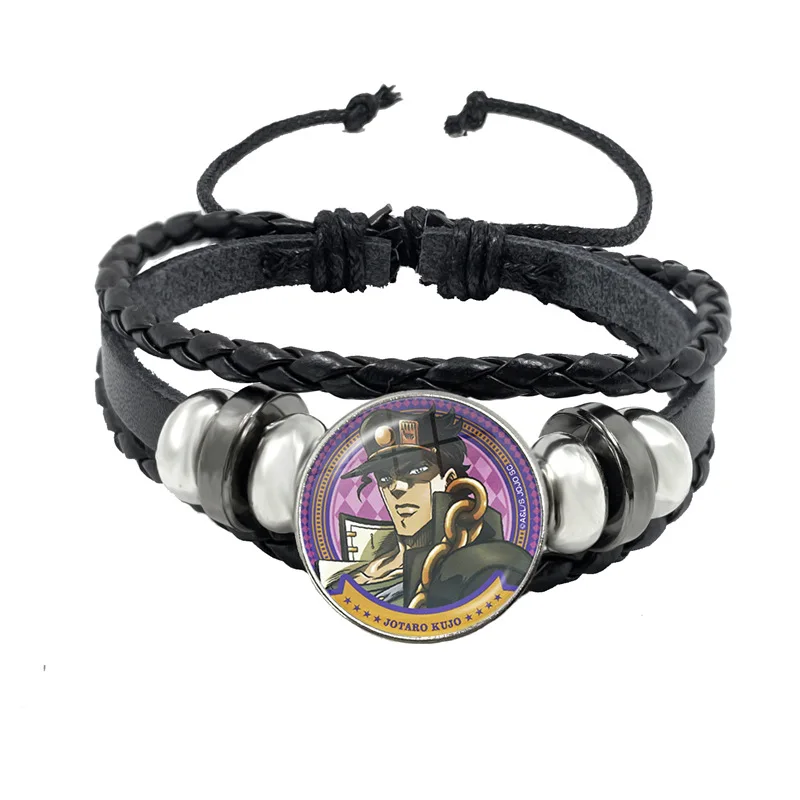 Fashion JoJos Bizarre Adventure Bracelet Kujou Jotarou Hot Anime Figures Glass Button Badge Multilayer Leather Bracelets Gift