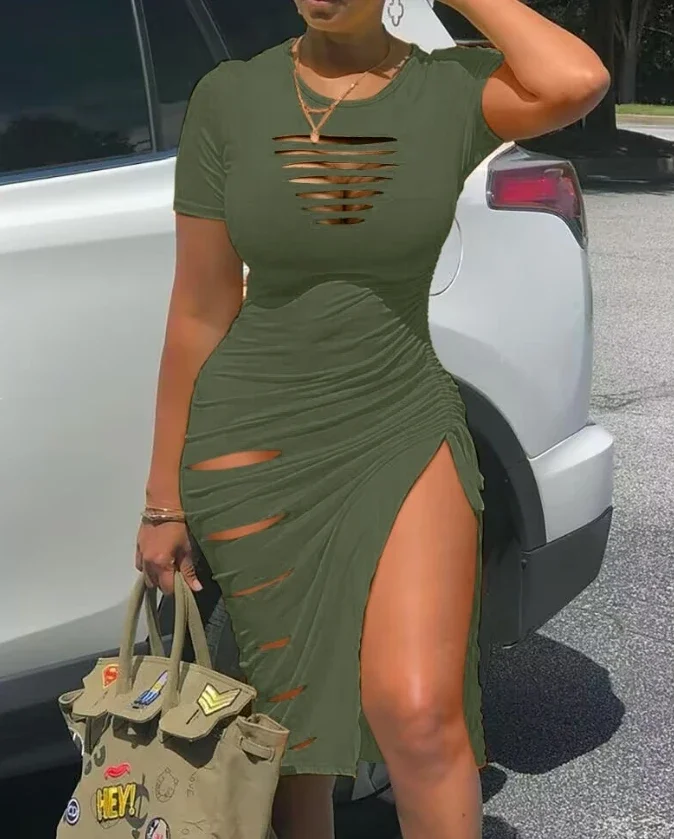 CPSYMYM ผู้หญิงบันได Cutout Drawstring Ruched High Slit ฤดูร้อนสบายๆ O-คอแขนสั้นผอม Midi ชุด