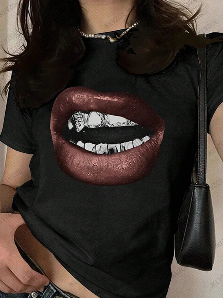 Sommerliche Sport-T-Shirts mit Lippen-Print, Damenbekleidung, Kurzarm, O-Ausschnitt, lustige Damen-T-Shirts, Vintage Unisex-Oberteile
