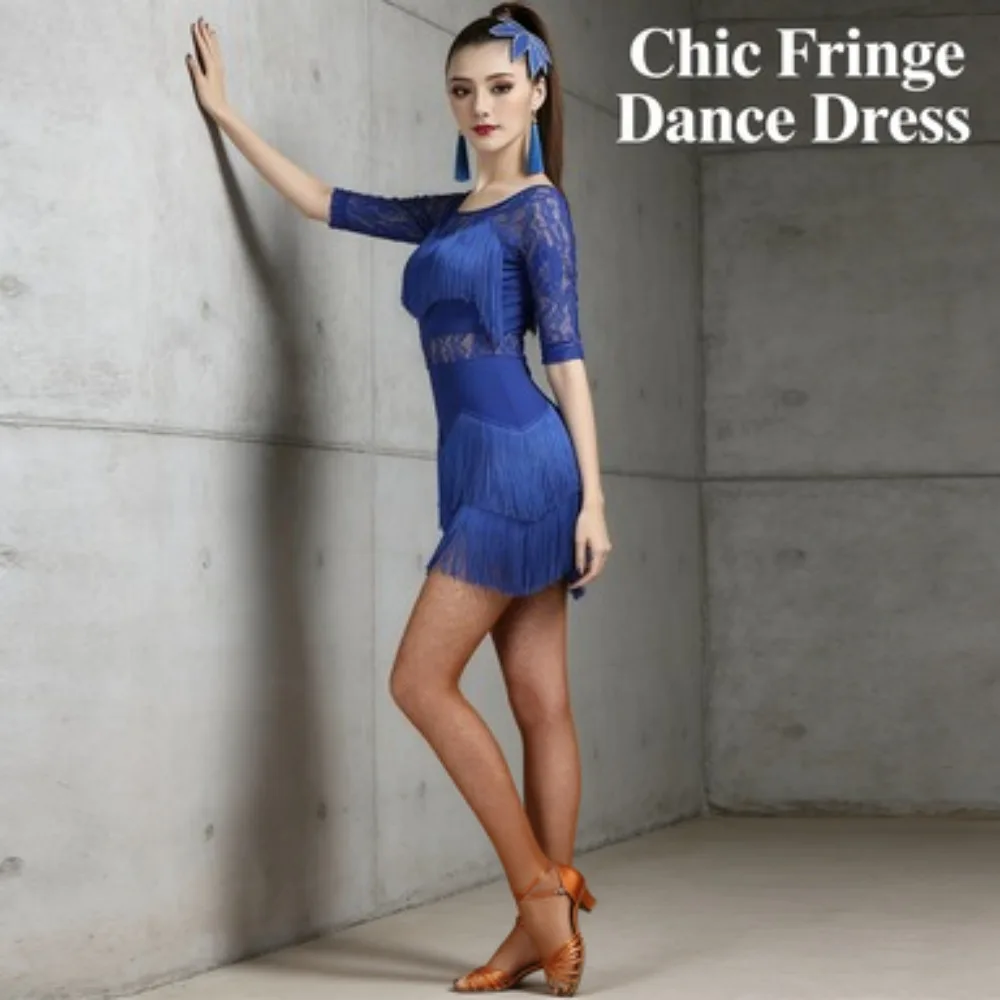 Vestido de baile de salón latino de tela elástica para mujer, flecos de encaje, corte entallado, espectáculo de competición, Salsa