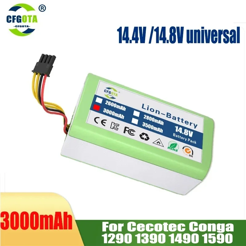 

2024 New 14.4v 3000mAh Li-Ion Battery for Cecotec Conga 1290 1390 1490 1590 Vacuum Cleaner Genio deluxe 370 gutrend echo 520