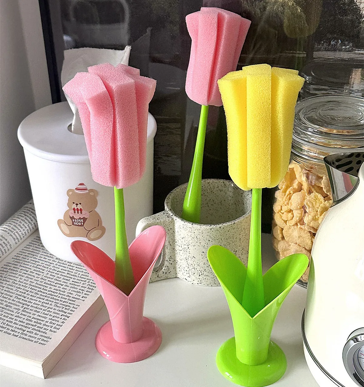 1pcs Tulip Cup Brush Household Water Cup Cleaning Brush Detachable Sponge Wash Cup Long Handle Tools Brush Kitchen Cleaning Tool