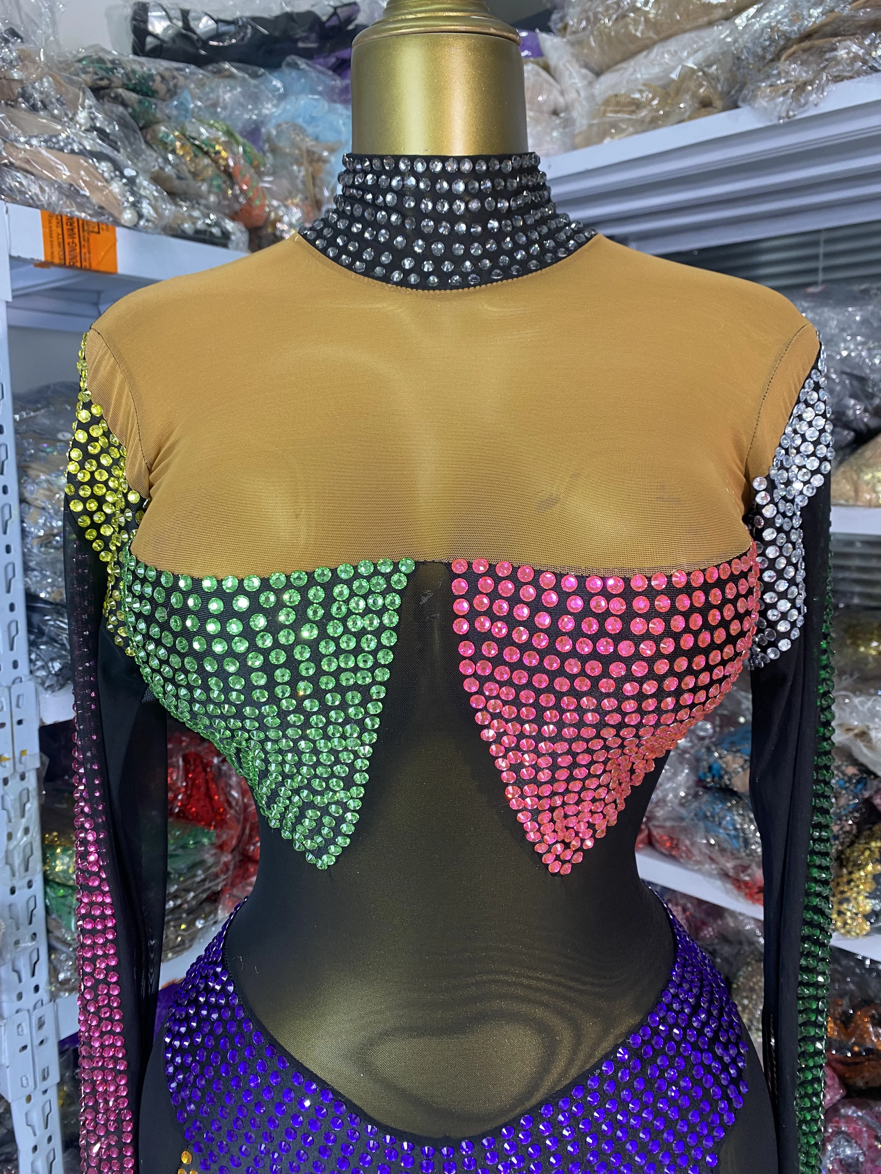 

Women Colorful Rhinestones Mesh Gloves Sleeve See Through Bodycon Halloween Dress Evening Club Party Cosplay Stage Costumes