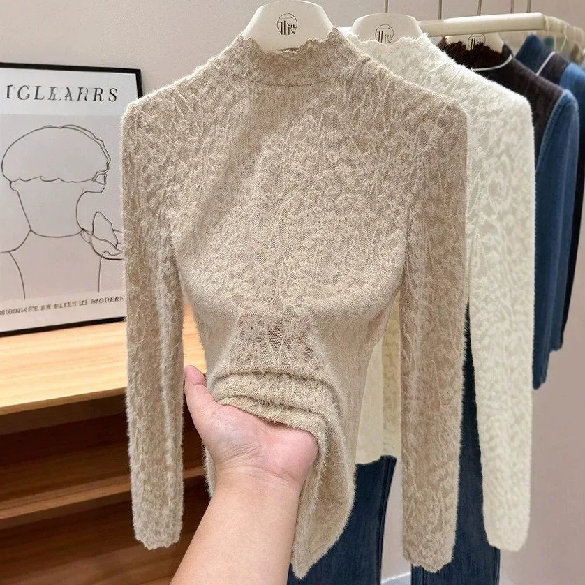Women's Elegant Half Turtleneck Lace Base Layer Top Brushed Thick Slim Fit Inner Wear High Sense Blouse Fashionable Layering Top view 5