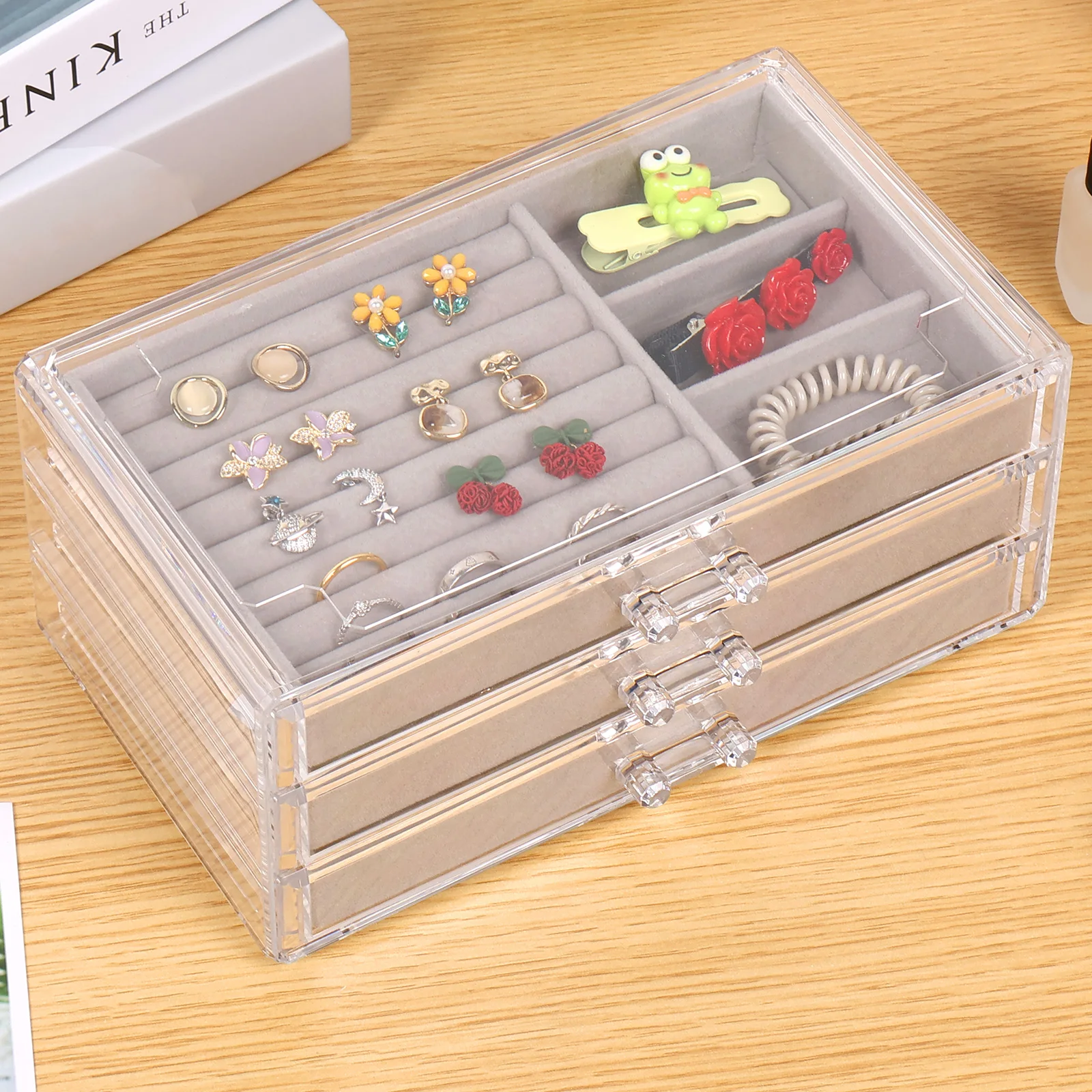 Acrylic Jewelry Box with 3 Drawers Clear Jewelry Drawer Organizer with Velvet Lining Adjustable Jewellery Storage Organizer Box