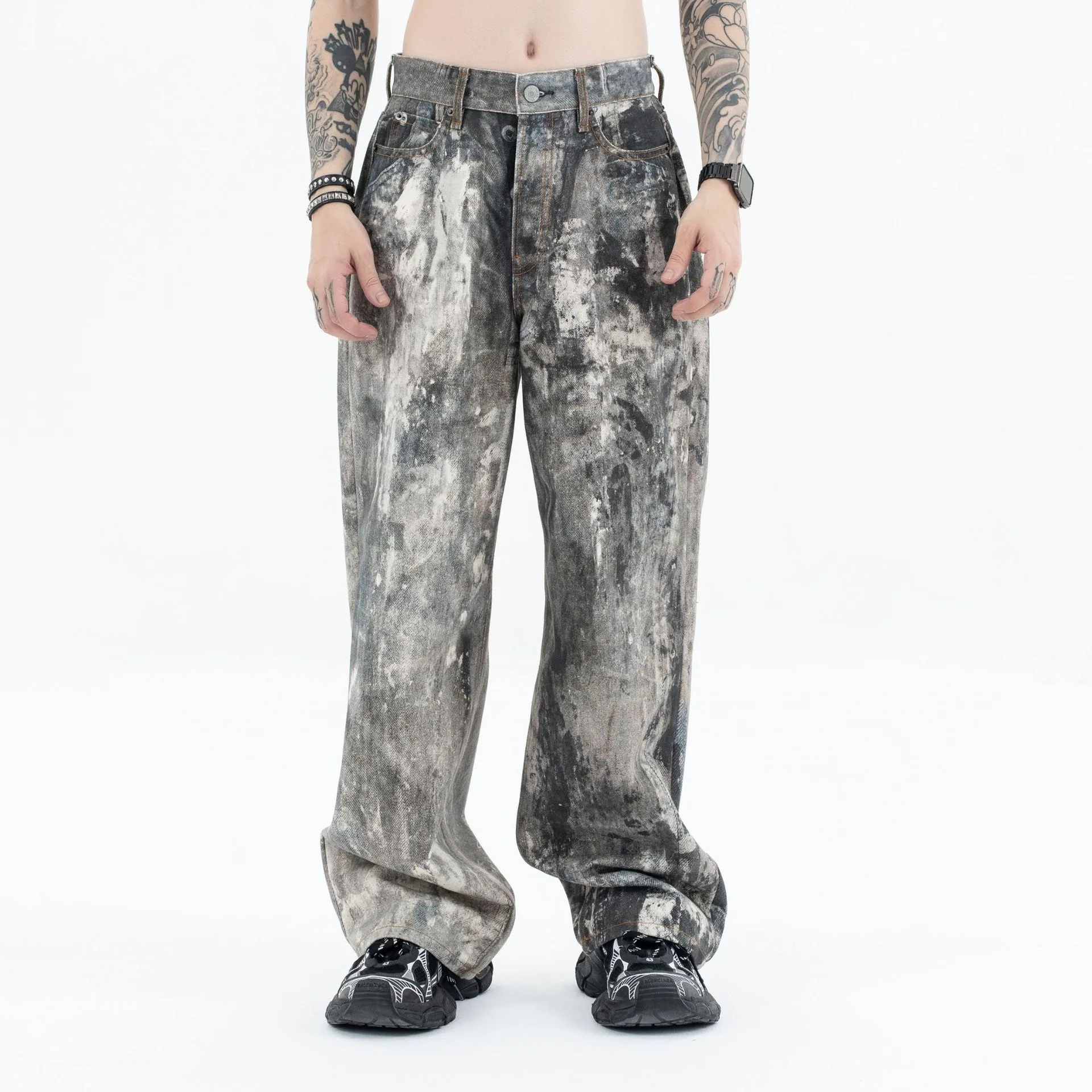 

Autumn and winter 2024 new digital printed camo splash ink baggy jeans