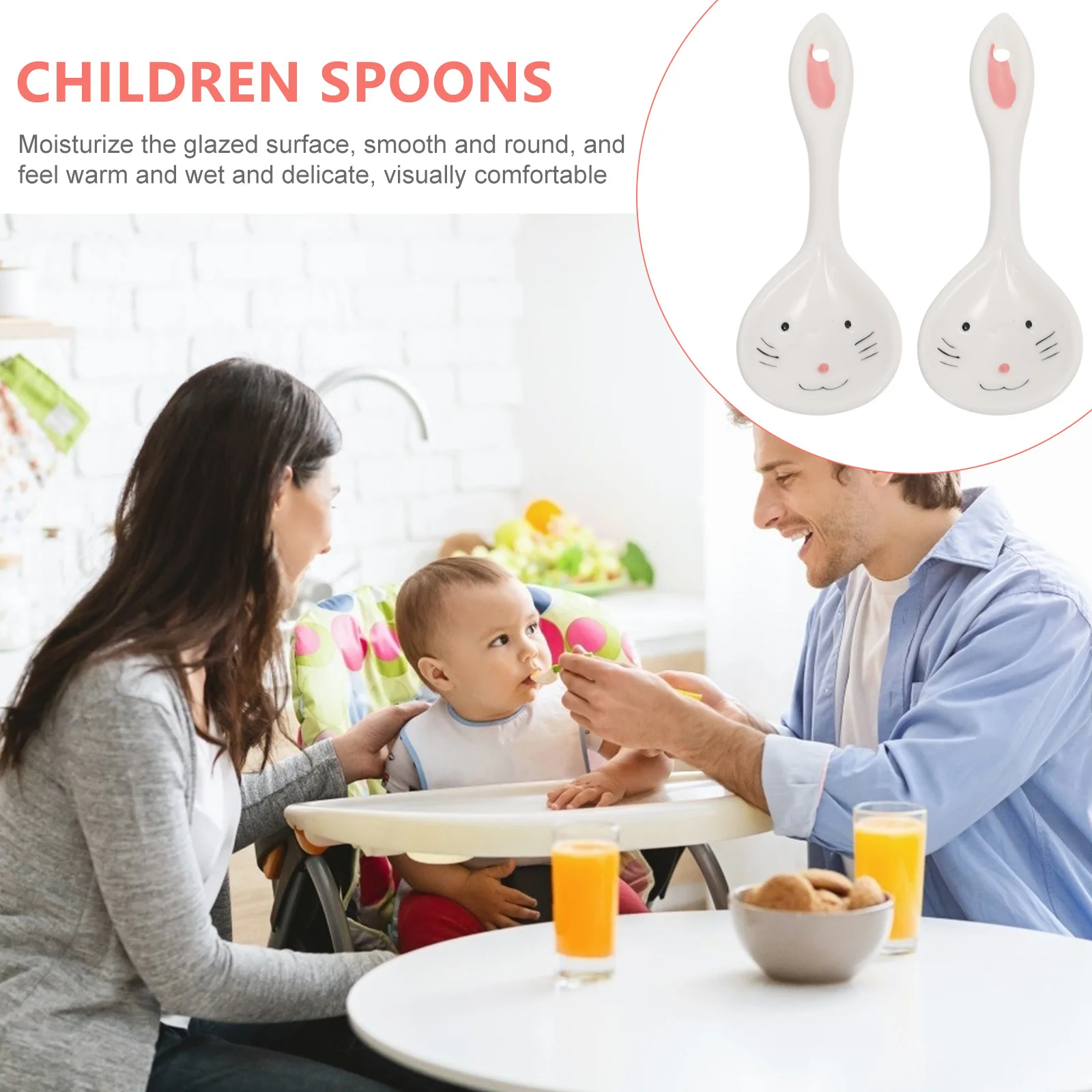 2 個の高品質セラミックスプーン子供用バニーデザイン赤ちゃんの口腔に安全掃除が簡単白い子供用スプーン