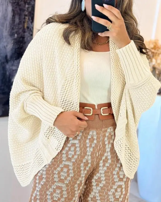 

Knit Coat Women's Casual Batwing Sleeve Hollow-Out Cardigan Daily Clothing Autumn Loose Female Fashion Knitted Open Front Coat
