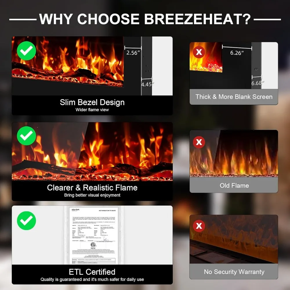 Calentador de chimenea eléctrico lineal ultrafino de 42 pulgadas montado en la pared con 750/1500W, llamas de troncos realistas, pantalla de alta definición f