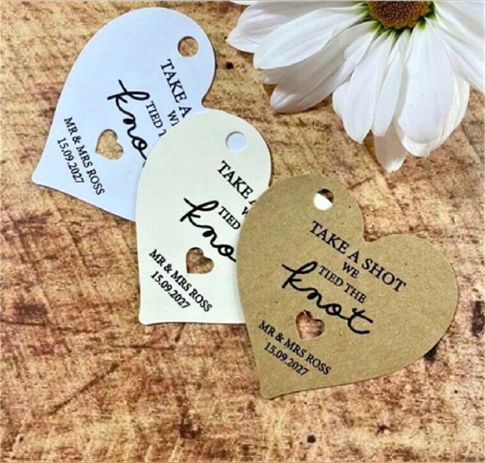 50pcs Personalised Heart Shape We Tied the Knot Take a Shot Wedding Favour Tags Thank You