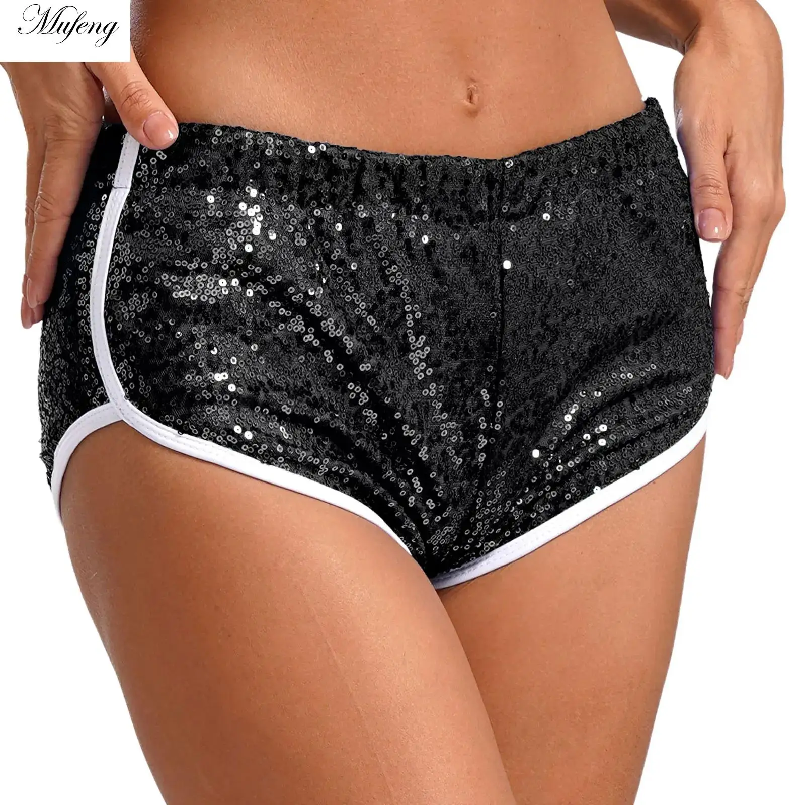 Women Sequin Shorts Pole Dance Shorts Low Rise Booty Elastic Waistband Glitter Hot Short Pants for Carnivals Rock Jazz Dancewear