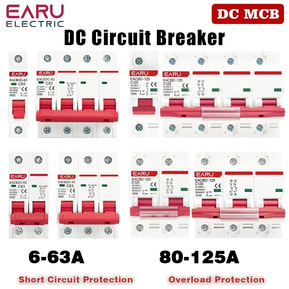 DC 1000V 1P 2P 3P 4P Solar Mini Circuit Breaker Overload Protection Switch6A~63A/80A 100A 125A MCB for Photovoltaic PV System